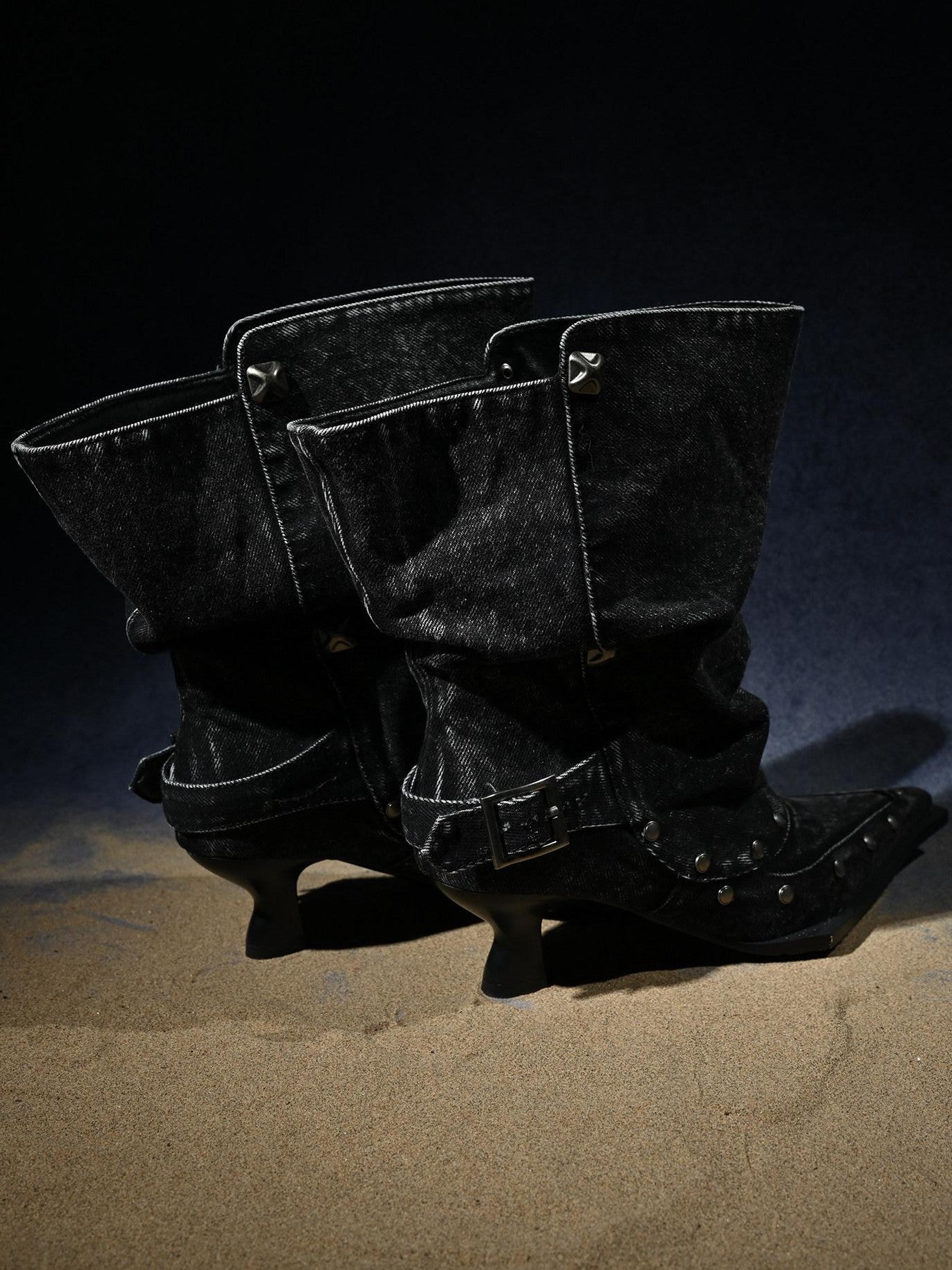 NORTH NODE Washed Distressed Studded Pointed Toe Western Punk Women&