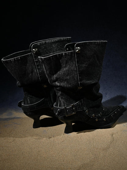 NORTH NODE Washed Distressed Studded Pointed Toe Western Punk Women&