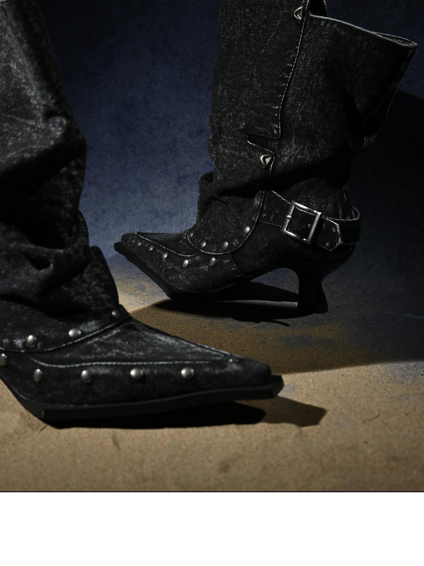 NORTH NODE Washed Distressed Studded Pointed Toe Western Punk Women&