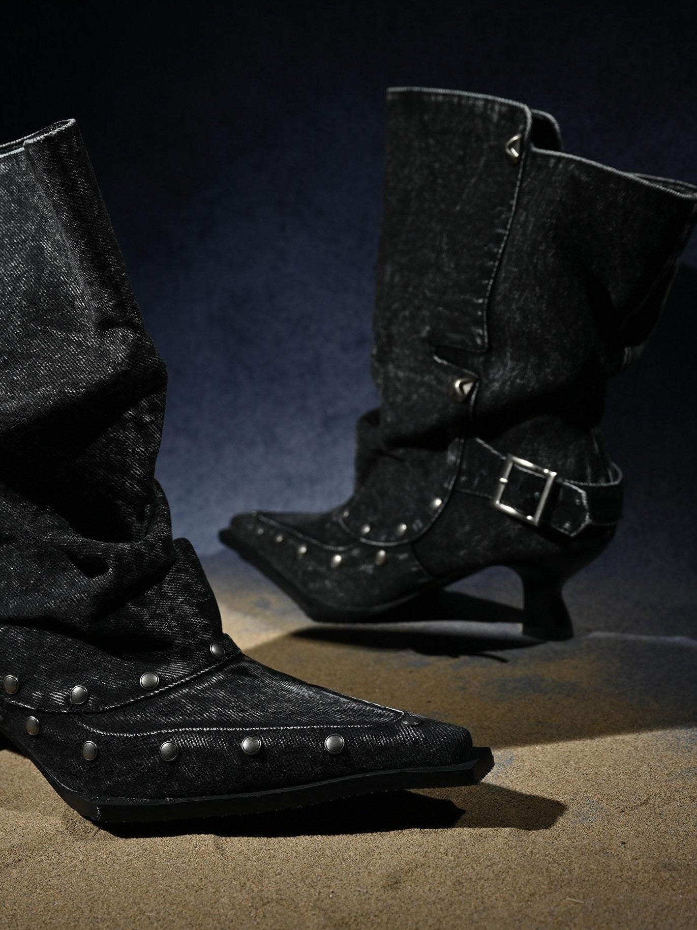 NORTH NODE Washed Distressed Studded Pointed Toe Western Punk Women&