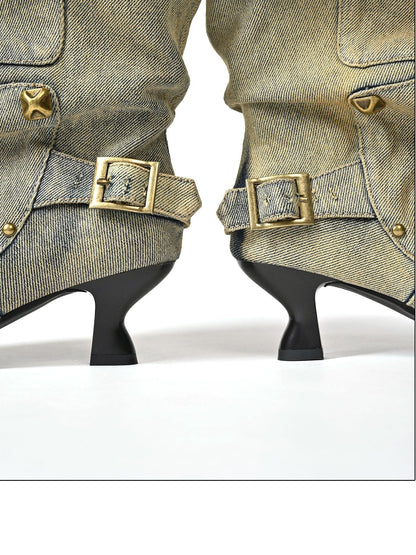 NORTH NODE Washed Distressed Studded Pointed Toe Western Punk Women&