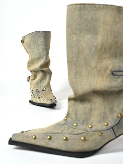 NORTH NODE Washed Distressed Studded Pointed Toe Western Punk Women&