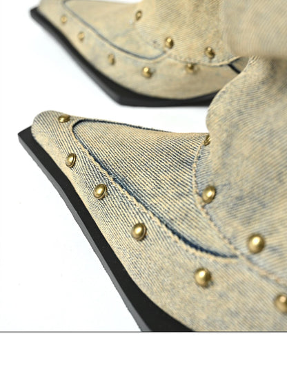NORTH NODE Washed Distressed Studded Pointed Toe Western Punk Women&