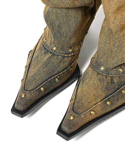 NORTH NODE Washed Distressed Studded Pointed Toe Western Punk Women&