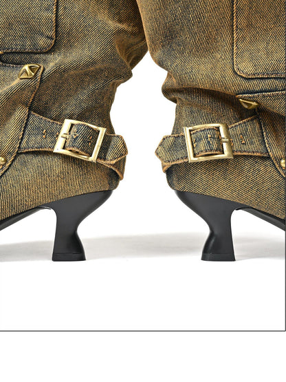 NORTH NODE Washed Distressed Studded Pointed Toe Western Punk Women&