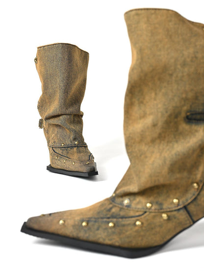NORTH NODE Washed Distressed Studded Pointed Toe Western Punk Women&