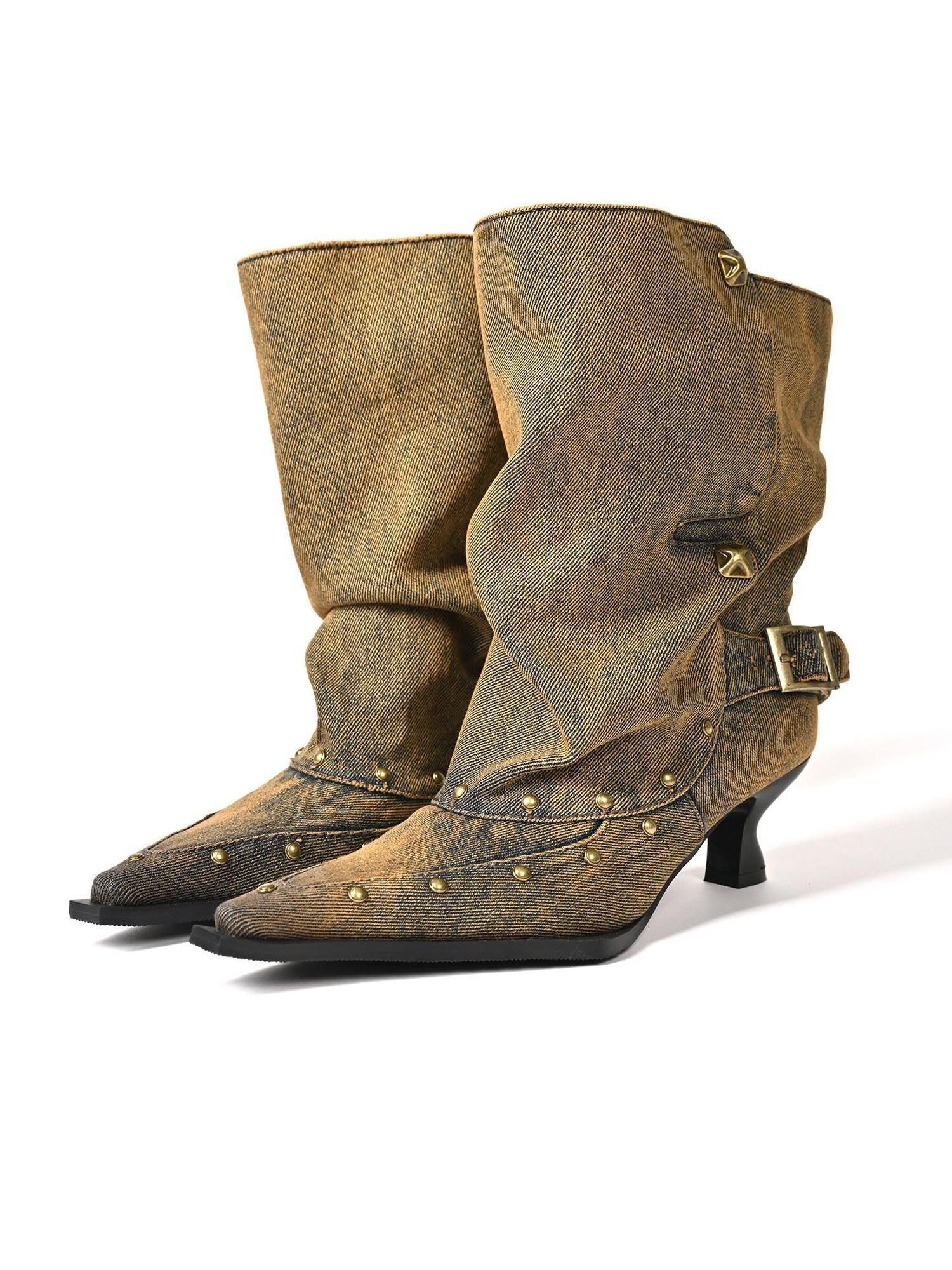 NORTH NODE Washed Distressed Studded Pointed Toe Western Punk Women&