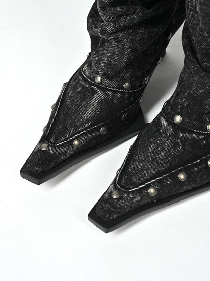 NORTH NODE Washed Distressed Studded Pointed Toe Western Punk Women&