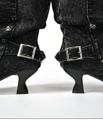 NORTH NODE Washed Distressed Studded Pointed Toe Western Punk Women&