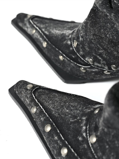 NORTH NODE Washed Distressed Studded Pointed Toe Western Punk Women&