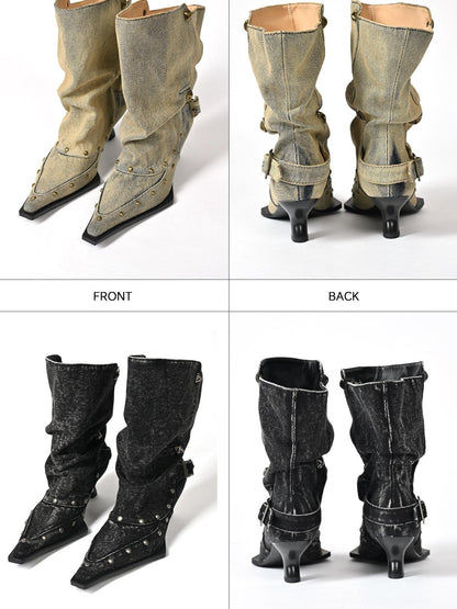 NORTH NODE Washed Distressed Studded Pointed Toe Western Punk Women&
