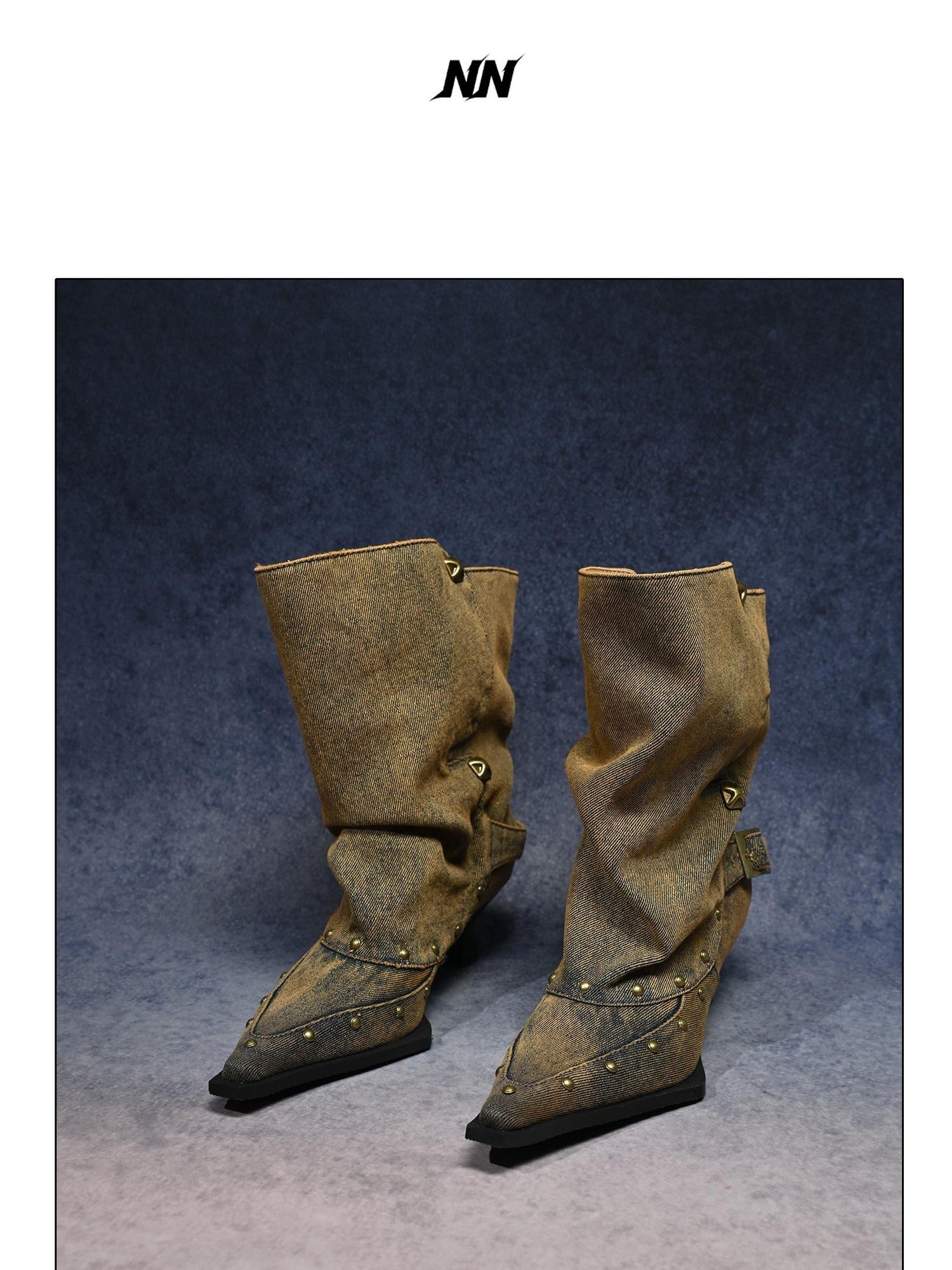 NORTH NODE Washed Distressed Studded Pointed Toe Western Punk Women&