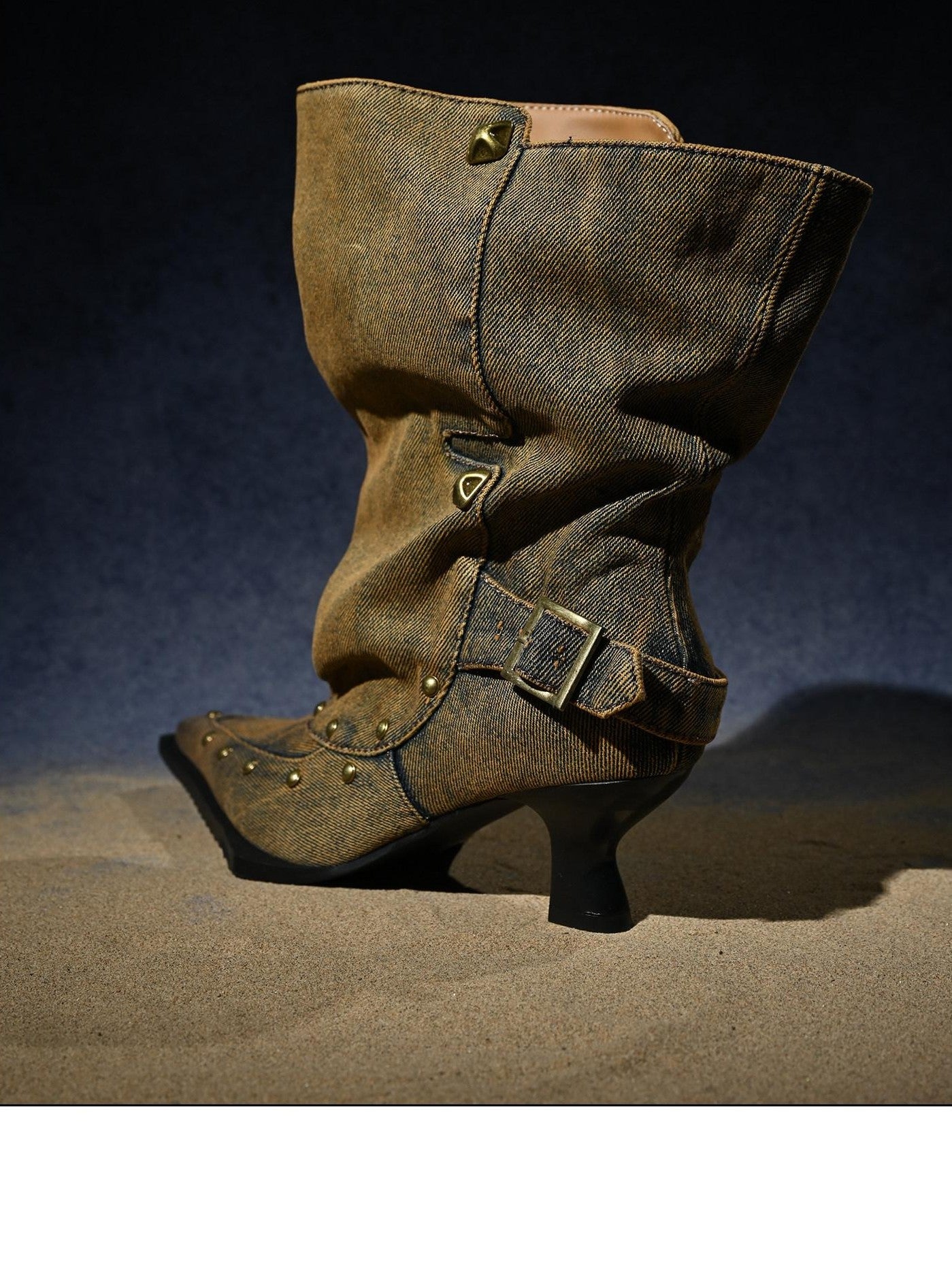NORTH NODE Washed Distressed Studded Pointed Toe Western Punk Women&