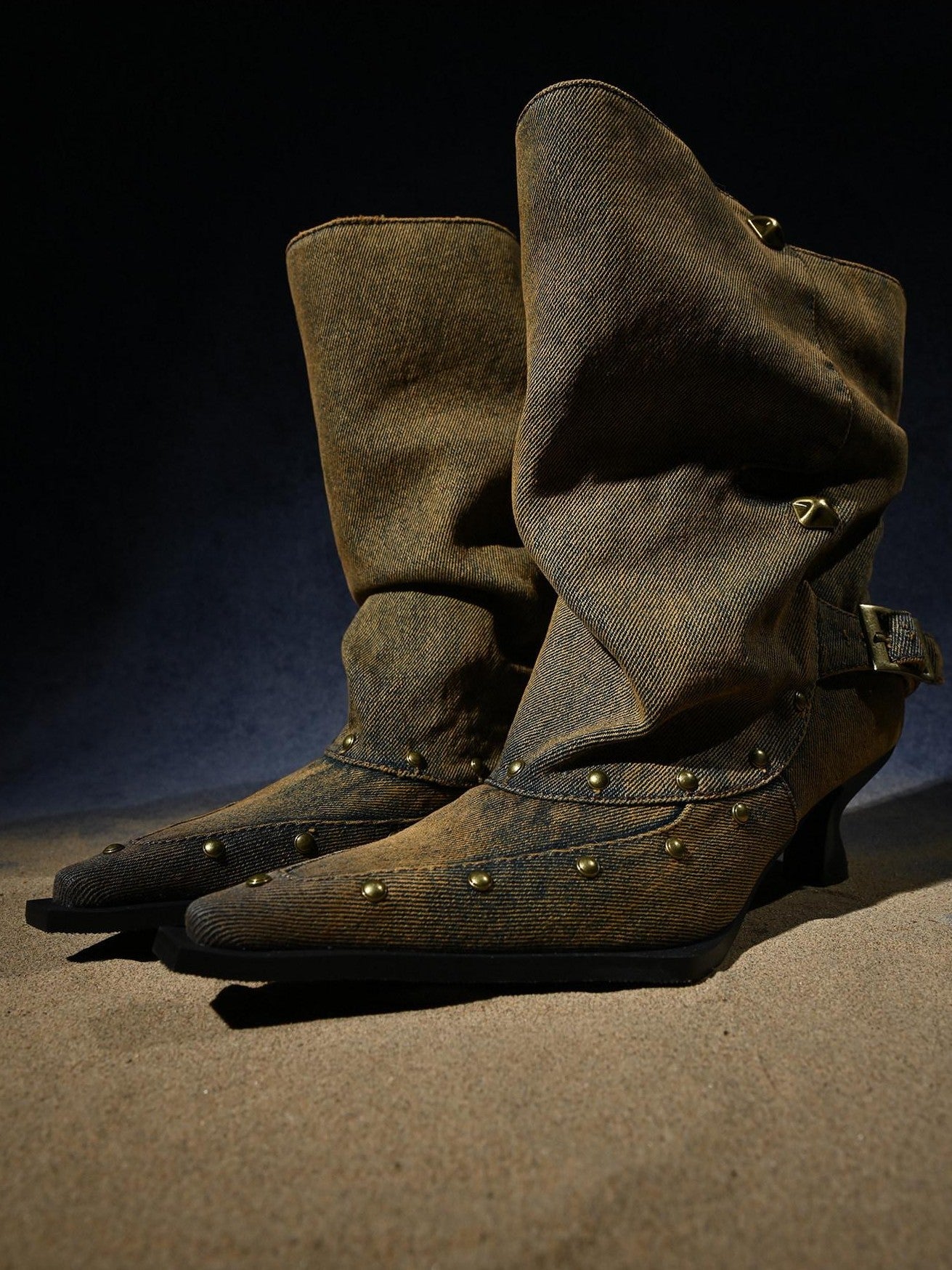 NORTH NODE Washed Distressed Studded Pointed Toe Western Punk Women&
