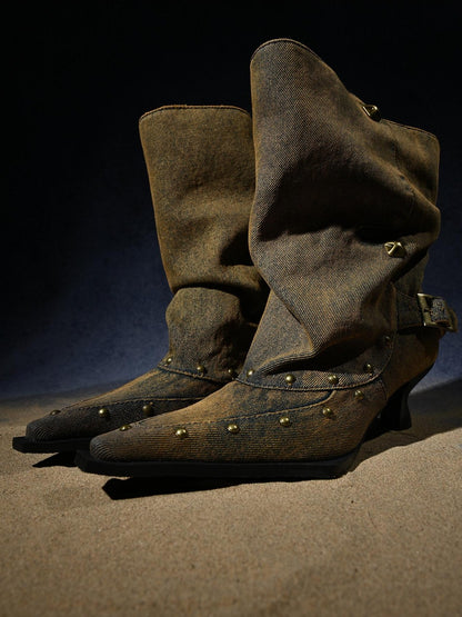 NORTH NODE Washed Distressed Studded Pointed Toe Western Punk Women&