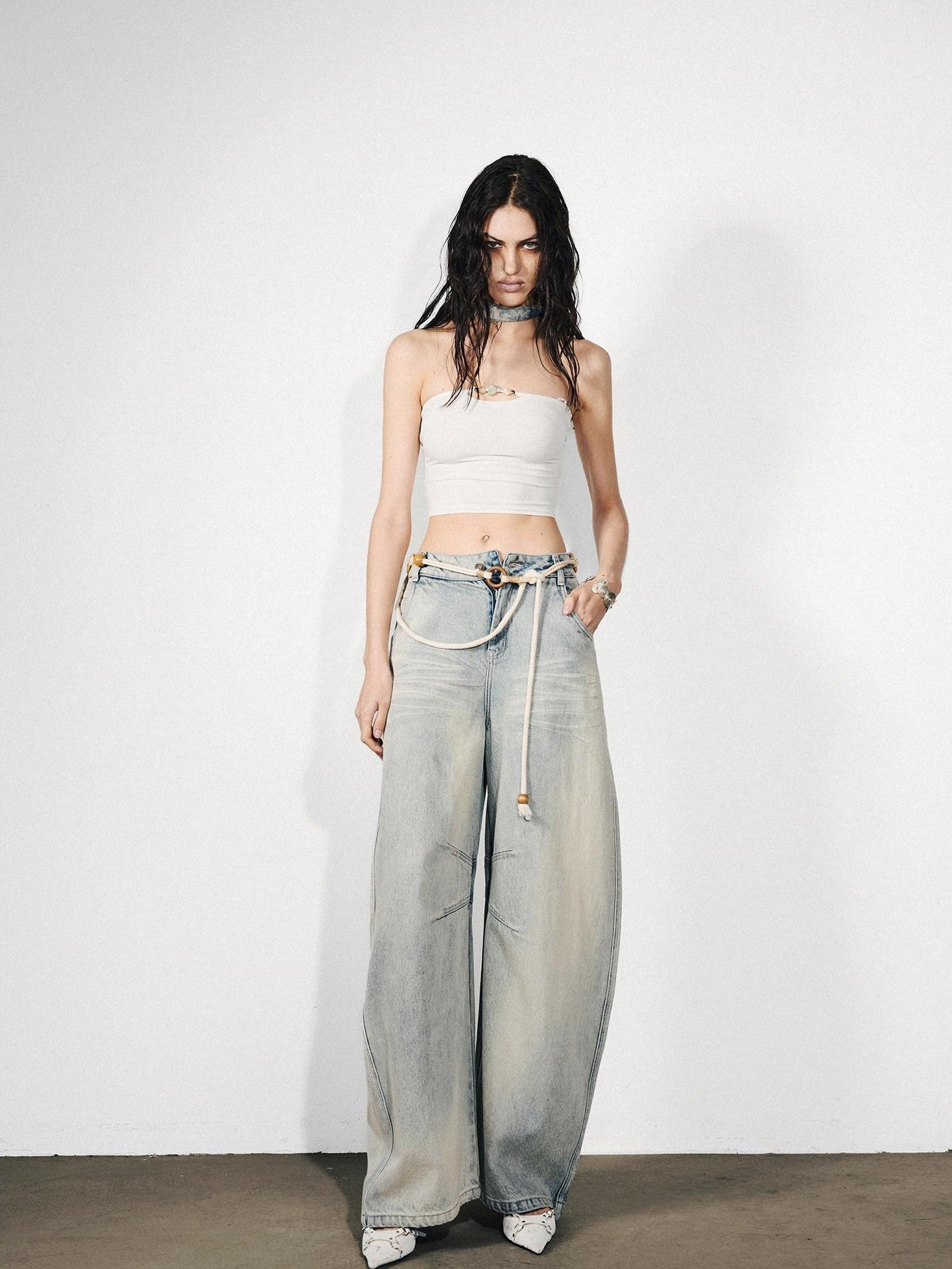 NORTH NODE Washed Distressed Whisker Curved Cut Women&