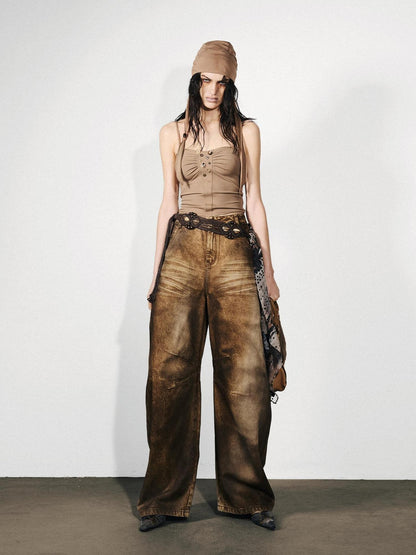 NORTH NODE Washed Distressed Whisker Curved Cut Women&