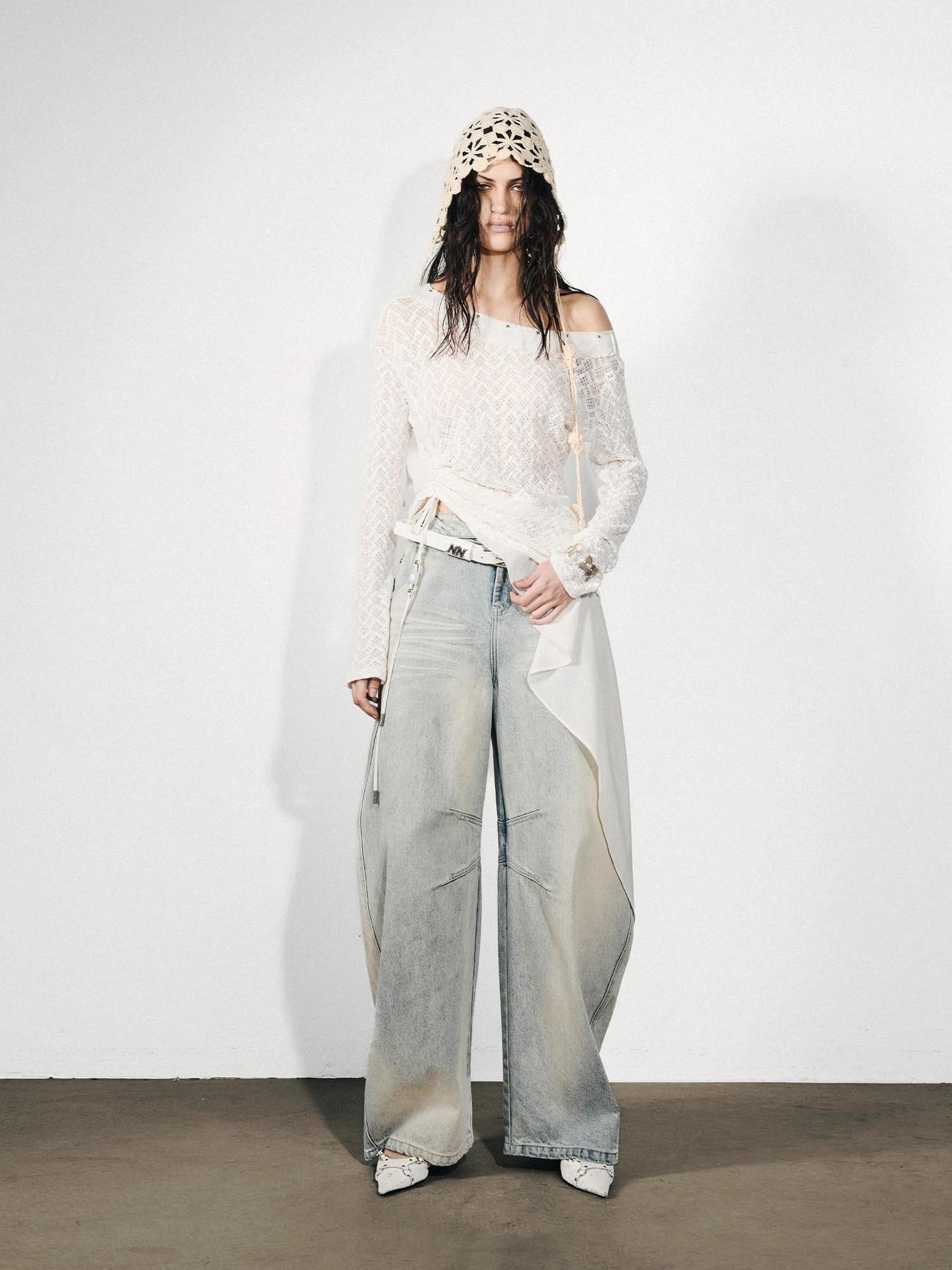NORTH NODE Washed Distressed Whisker Curved Cut Women&