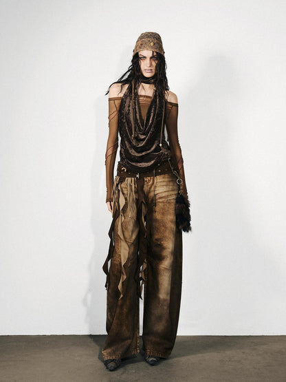 NORTH NODE Washed Distressed Whisker Curved Cut Women&