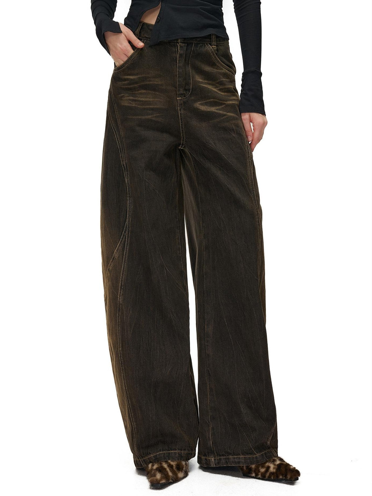 NORTH NODE Washed Distressed Wide-leg Women&
