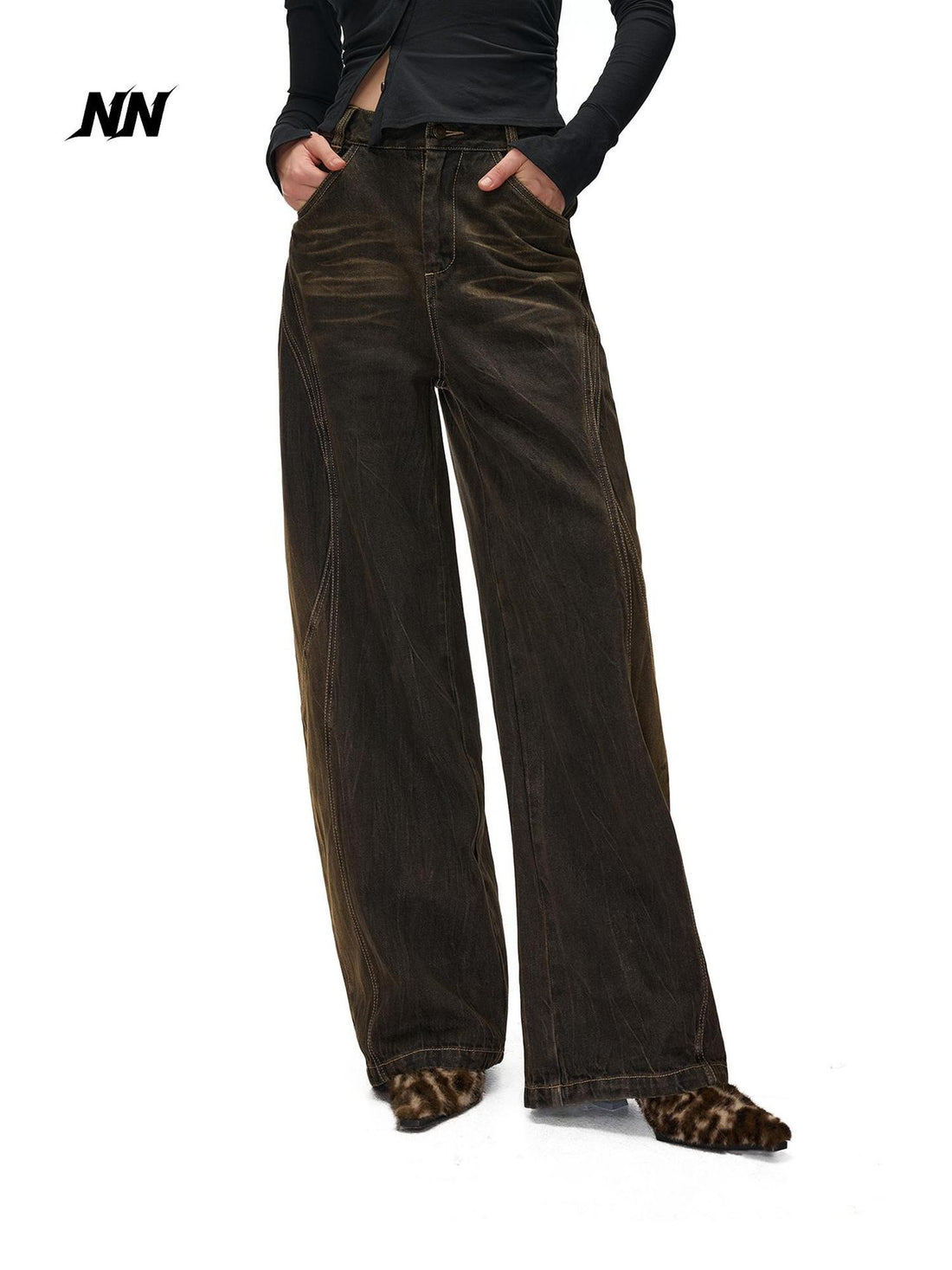 NORTH NODE Washed Distressed Wide-leg Women&