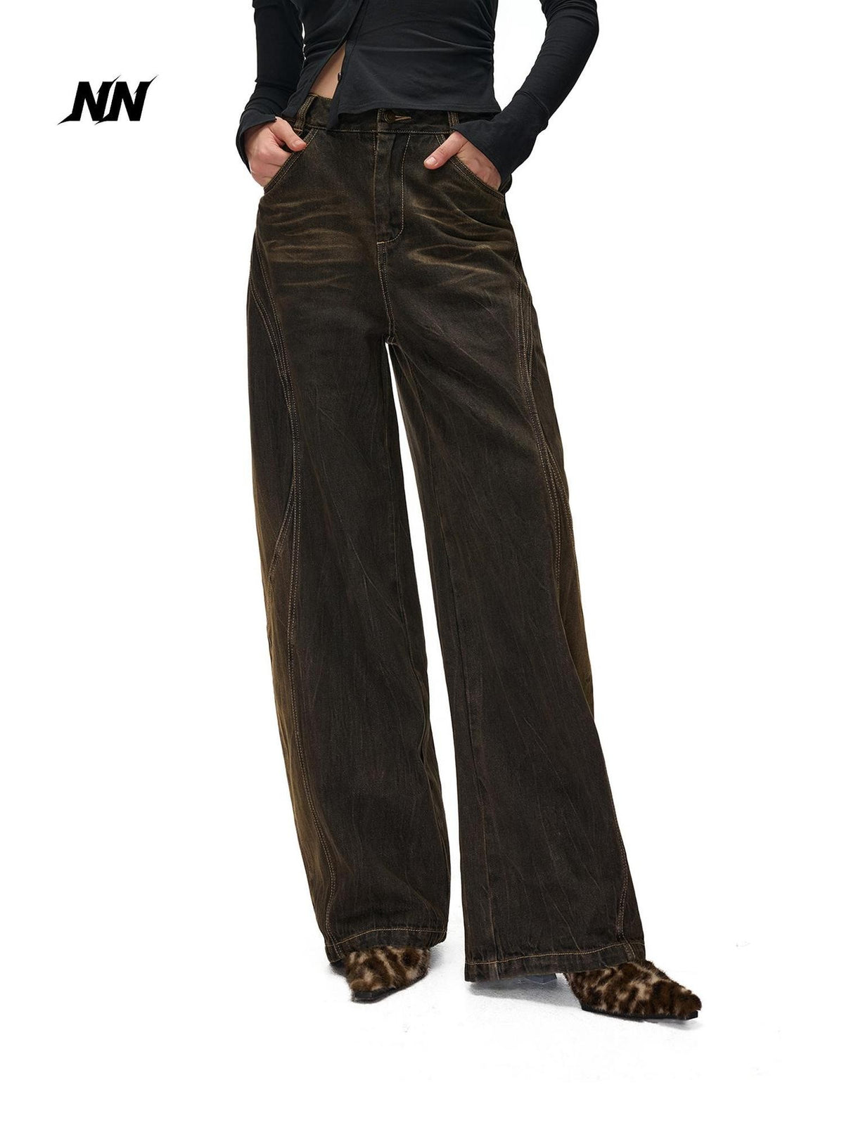 NORTH NODE Washed Distressed Wide-leg Women&