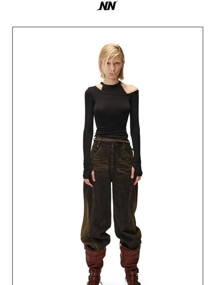 NORTH NODE Washed Distressed Wide-leg Women&