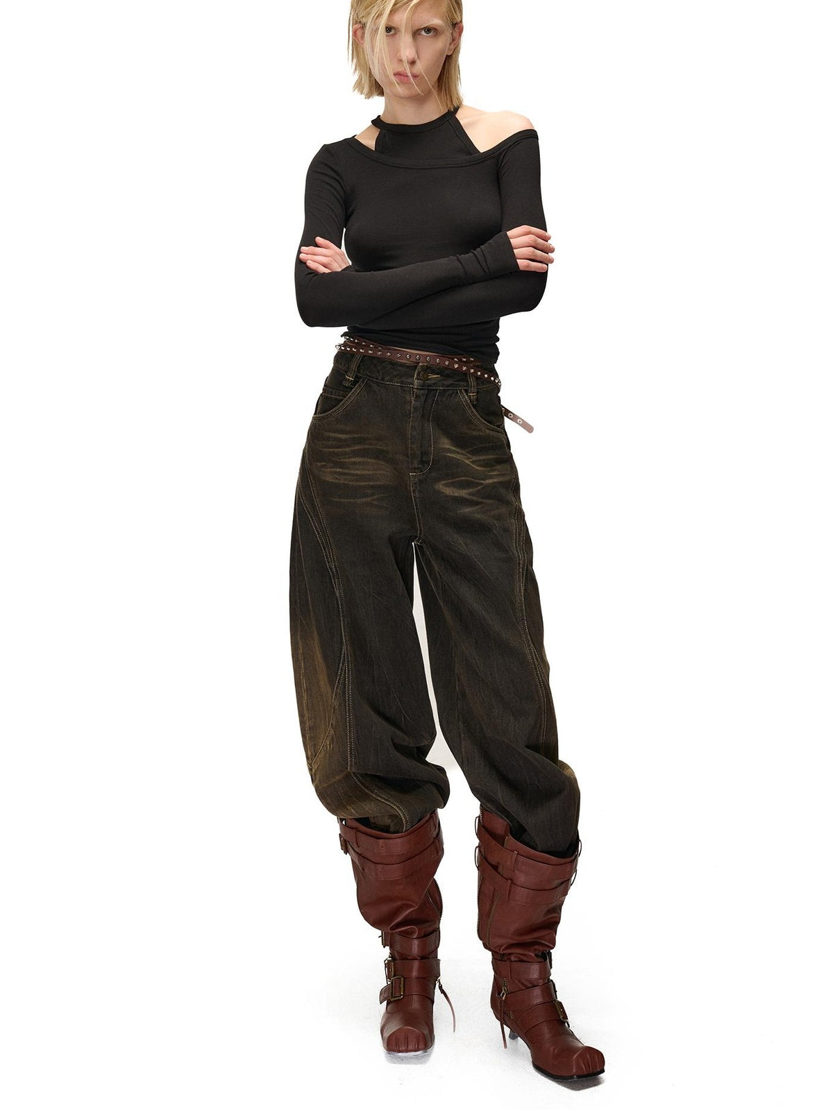 NORTH NODE Washed Distressed Wide-leg Women&