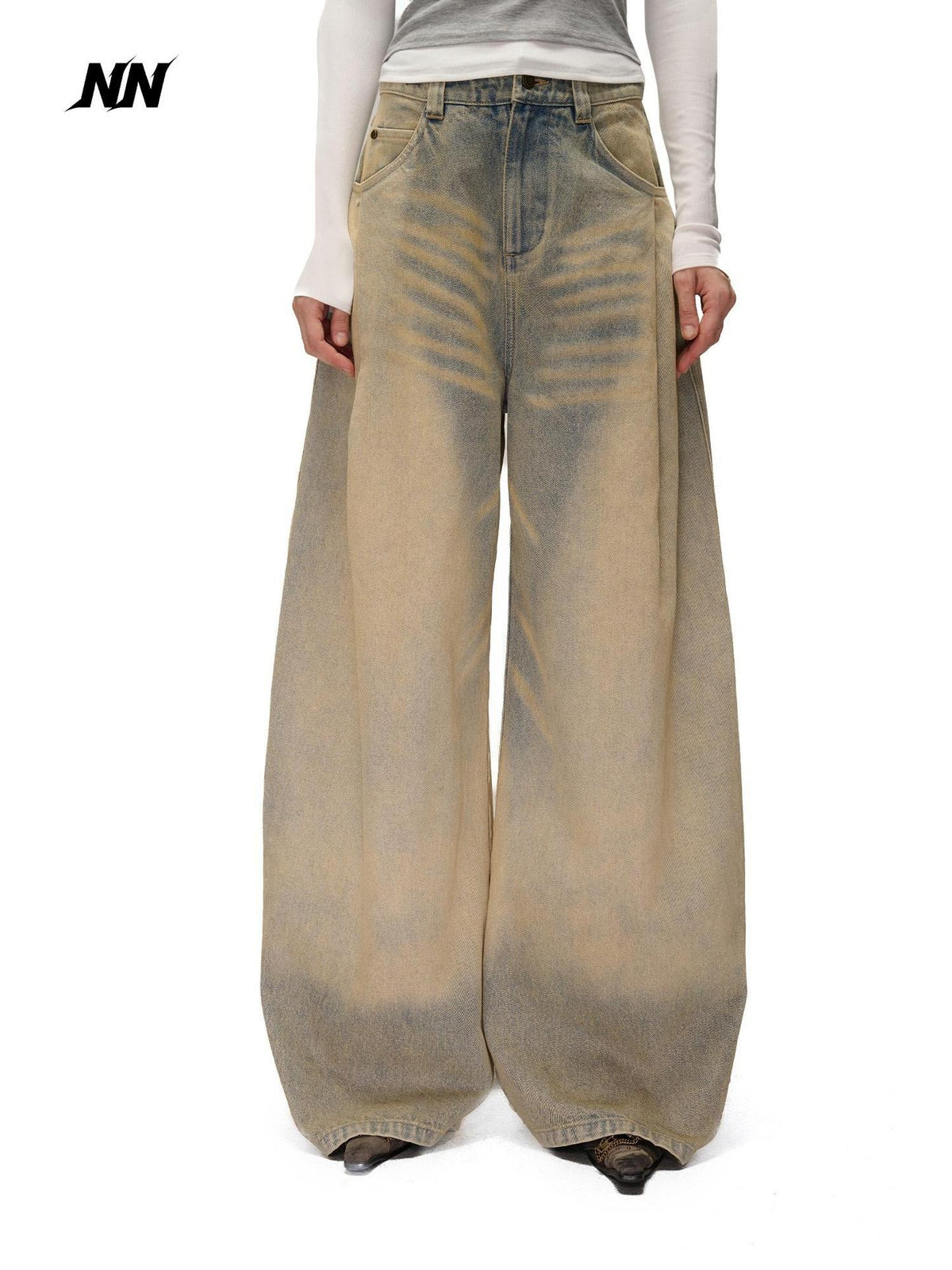 NORTH NODE Washed Distressed Wide-leg Women&