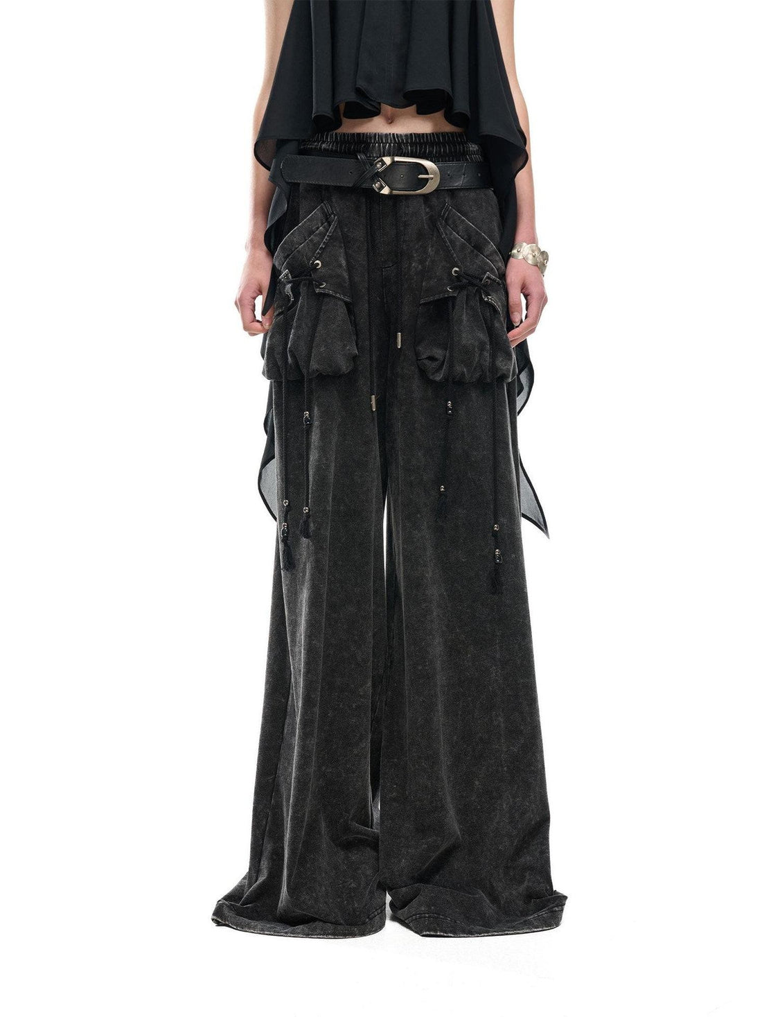 NORTH NODE Washed Faded Drawstring Pleated 3d Pockets Women&