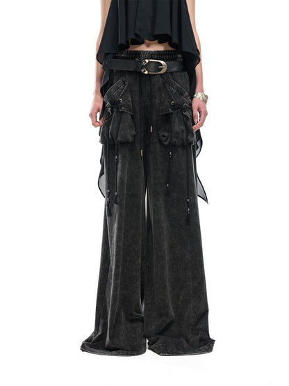 NORTH NODE Washed Faded Drawstring Pleated 3d Pockets Women&