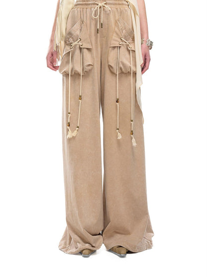 NORTH NODE Washed Faded Drawstring Pleated 3d Pockets Women&