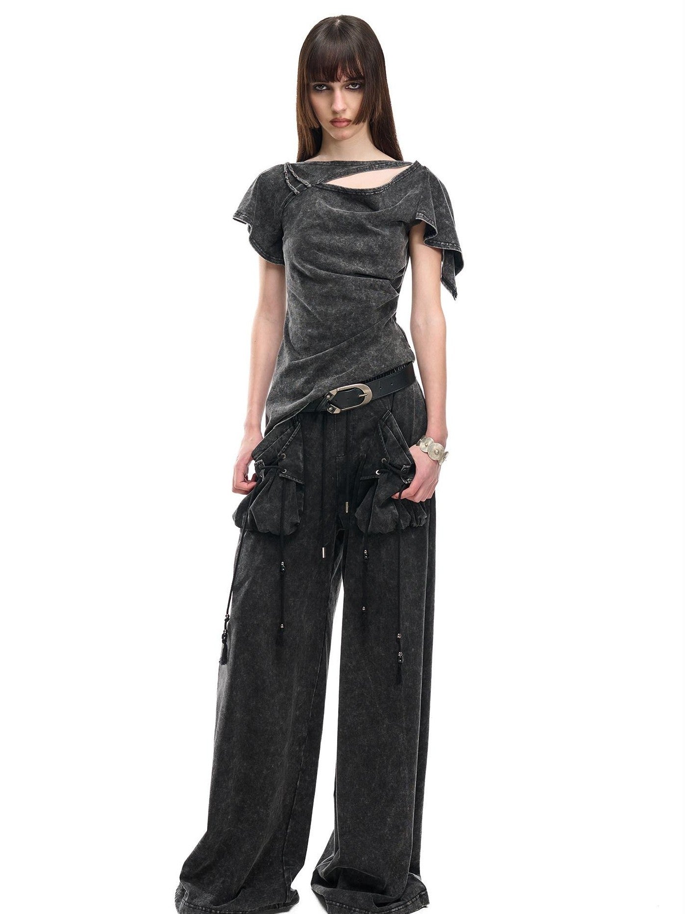 NORTH NODE Washed Faded Drawstring Pleated 3d Pockets Women&