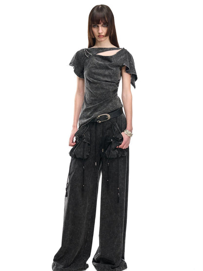 NORTH NODE Washed Faded Drawstring Pleated 3d Pockets Women&
