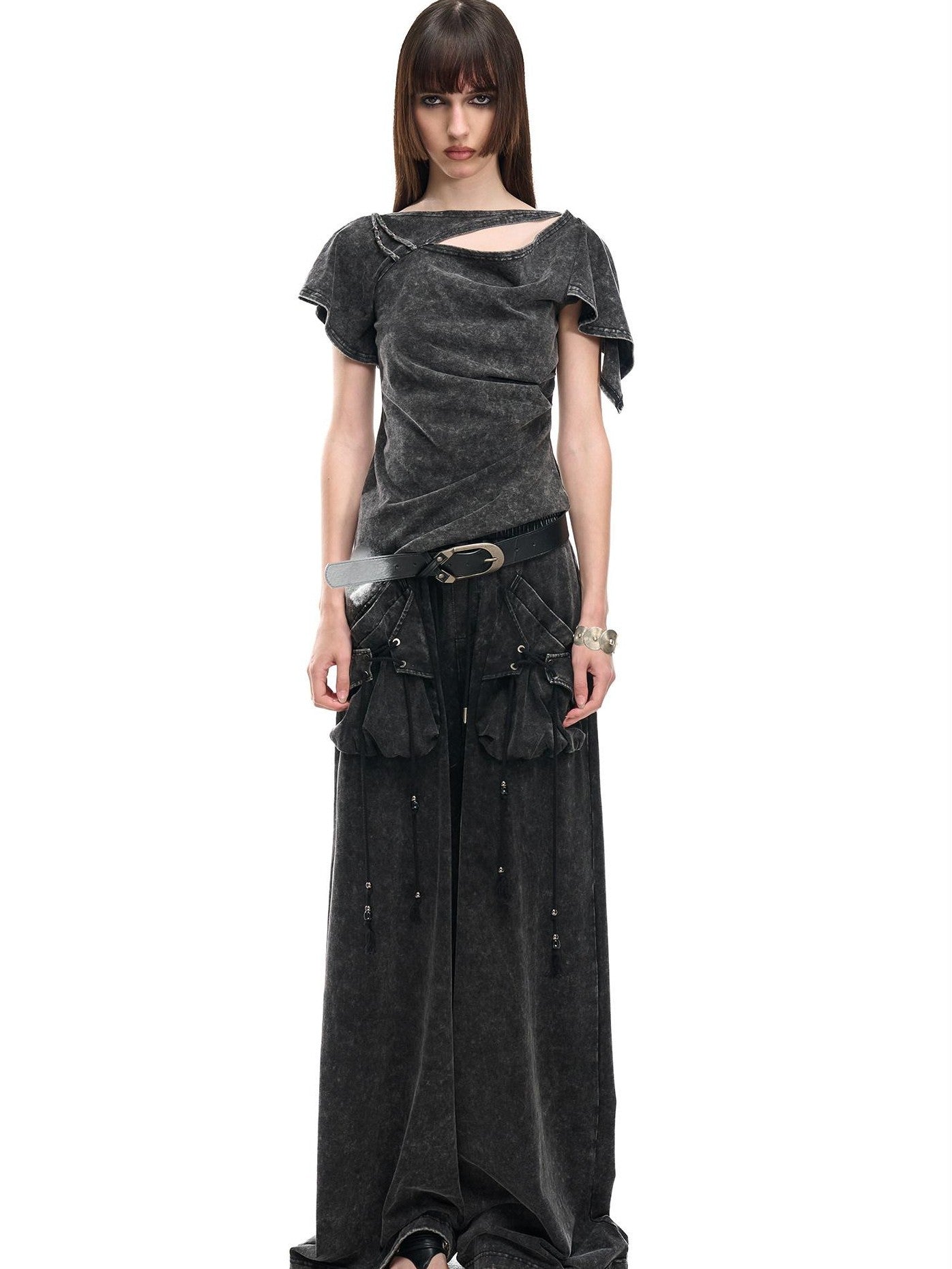 NORTH NODE Washed Faded Drawstring Pleated 3d Pockets Women&