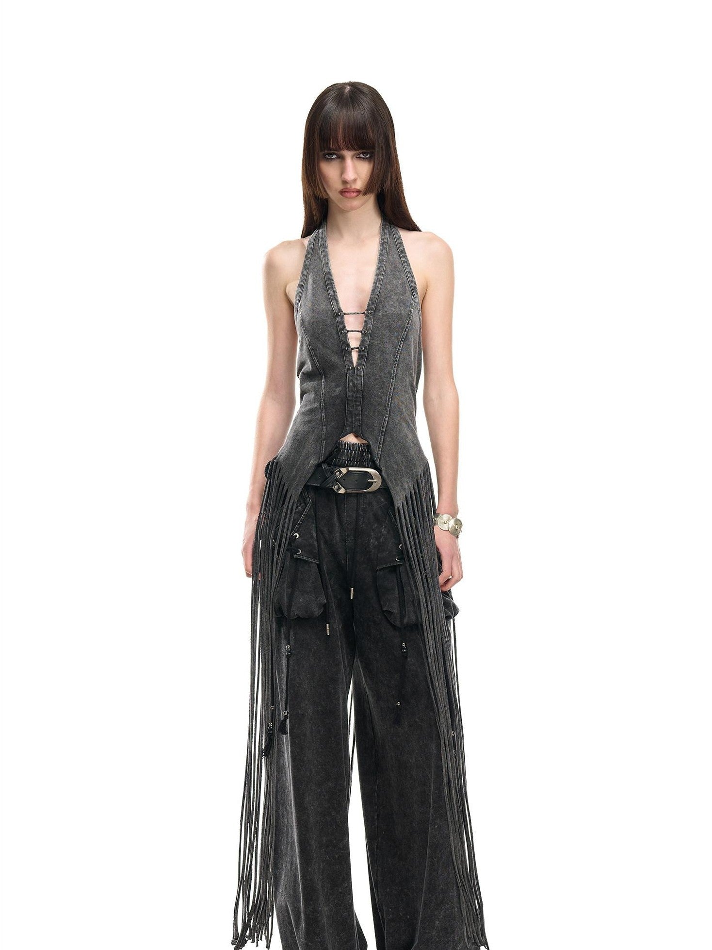 NORTH NODE Washed Faded Drawstring Pleated 3d Pockets Women&