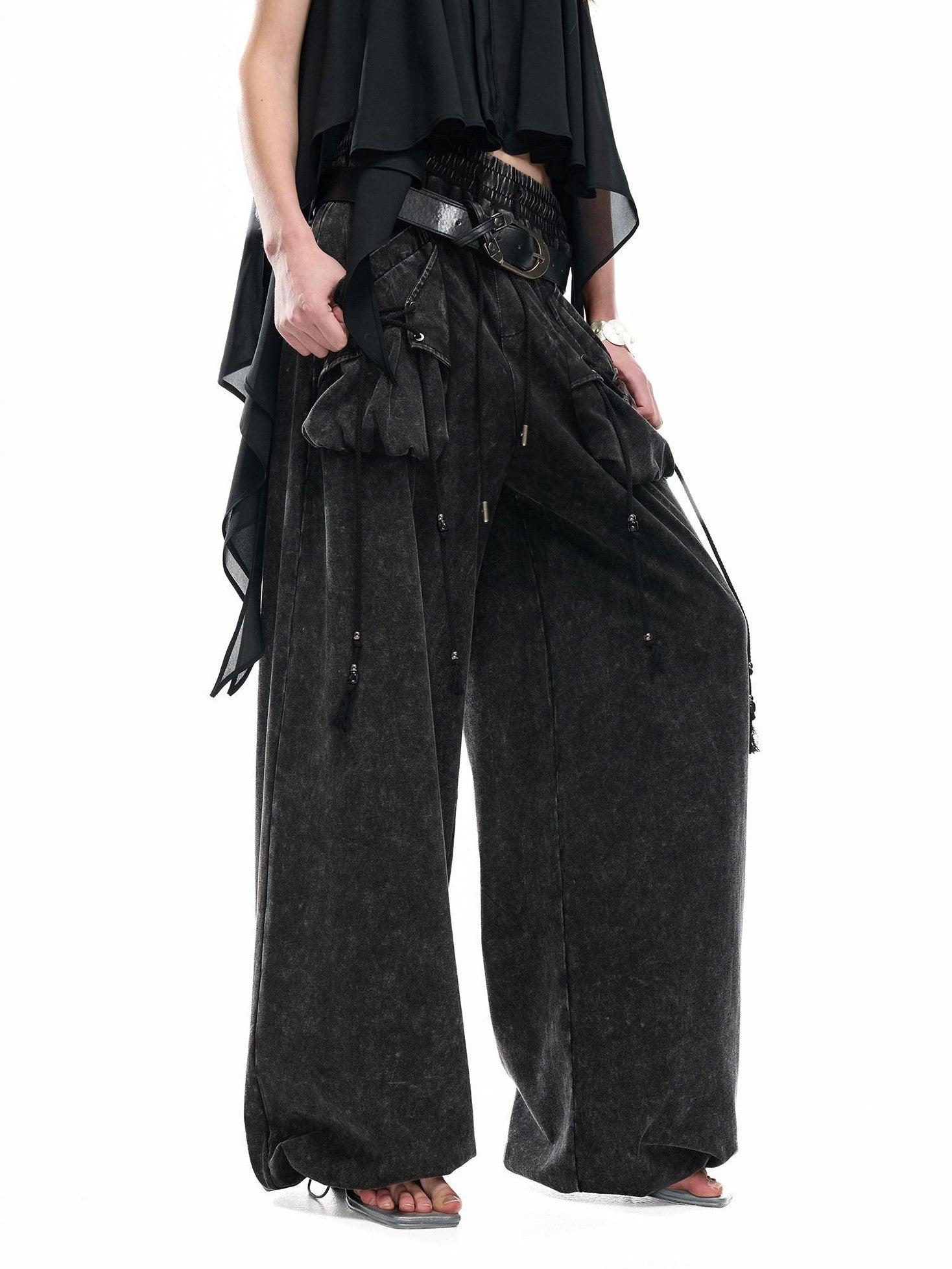 NORTH NODE Washed Faded Drawstring Pleated 3d Pockets Women&
