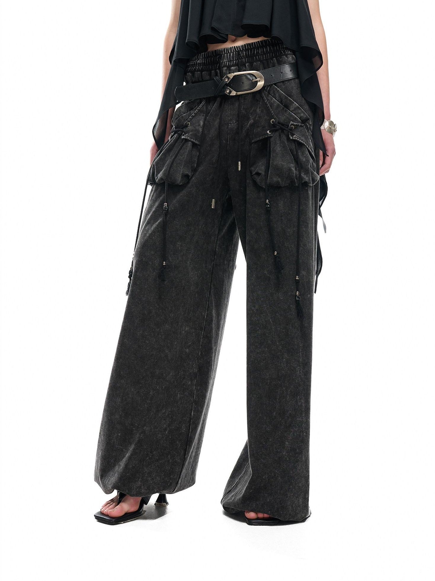 NORTH NODE Washed Faded Drawstring Pleated 3d Pockets Women&