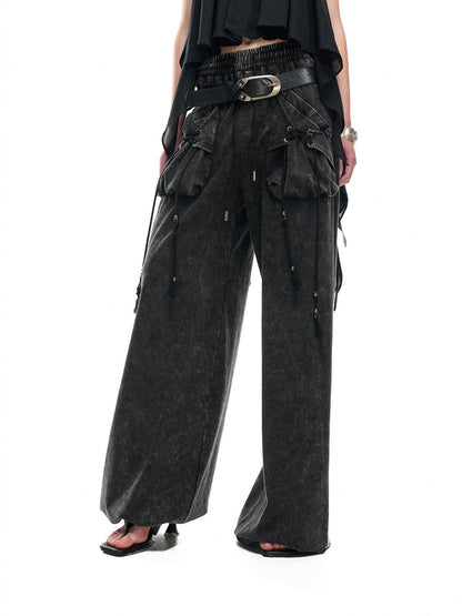 NORTH NODE Washed Faded Drawstring Pleated 3d Pockets Women&