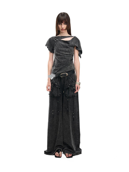 NORTH NODE Washed Faded Drawstring Pleated 3d Pockets Women&