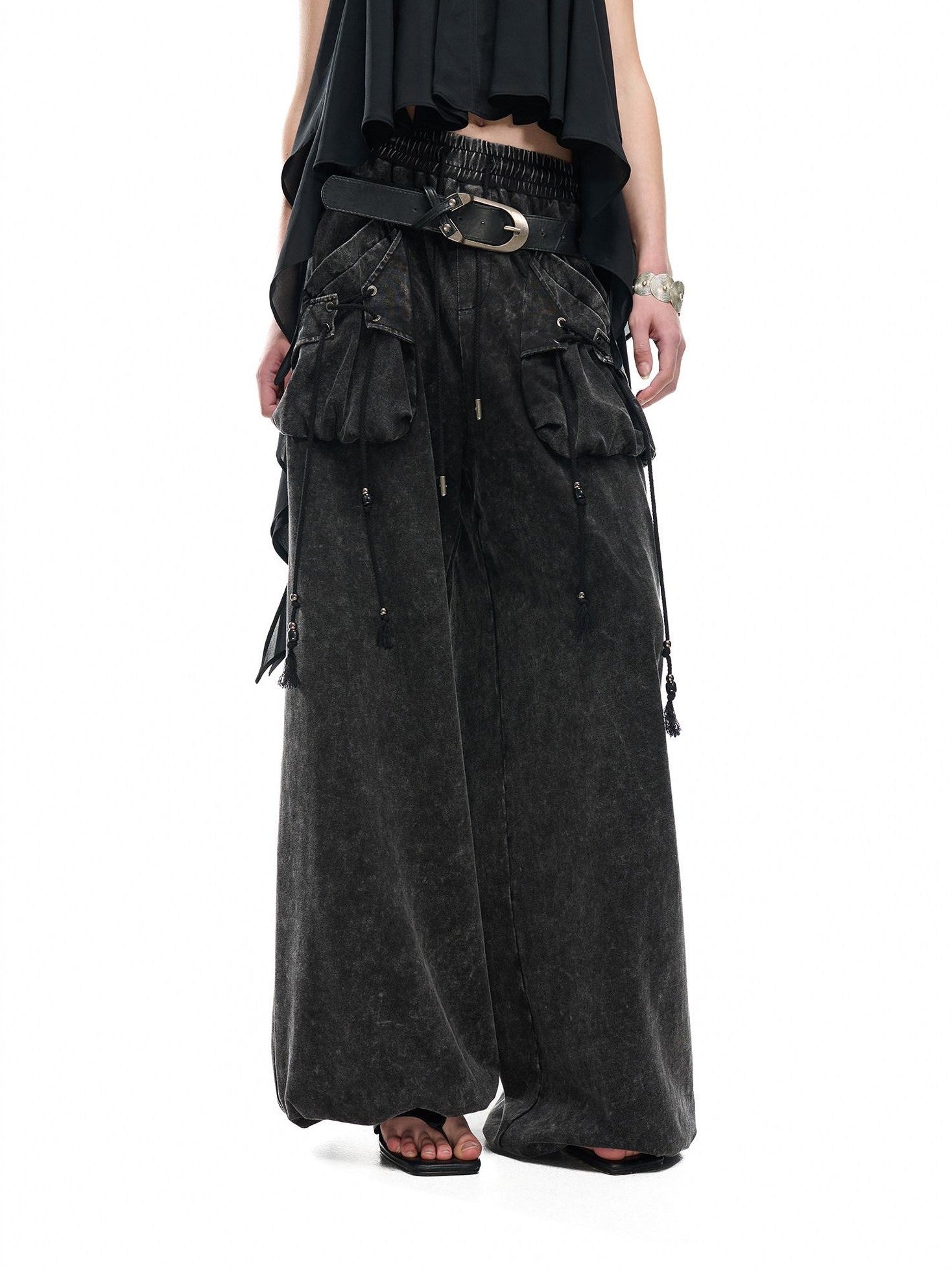NORTH NODE Washed Faded Drawstring Pleated 3d Pockets Women&