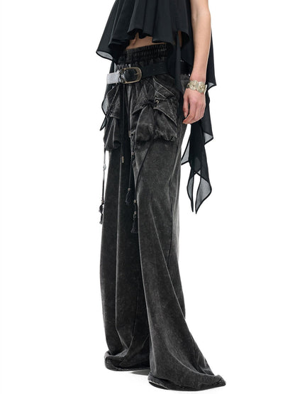 NORTH NODE Washed Faded Drawstring Pleated 3d Pockets Women&