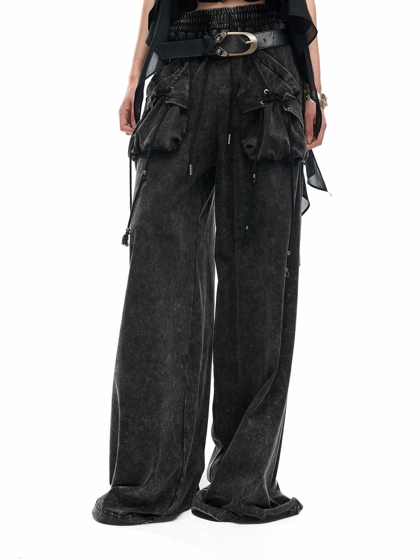 NORTH NODE Washed Faded Drawstring Pleated 3d Pockets Women&