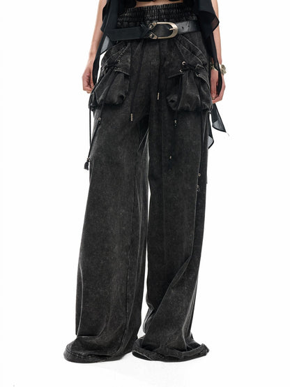 NORTH NODE Washed Faded Drawstring Pleated 3d Pockets Women&