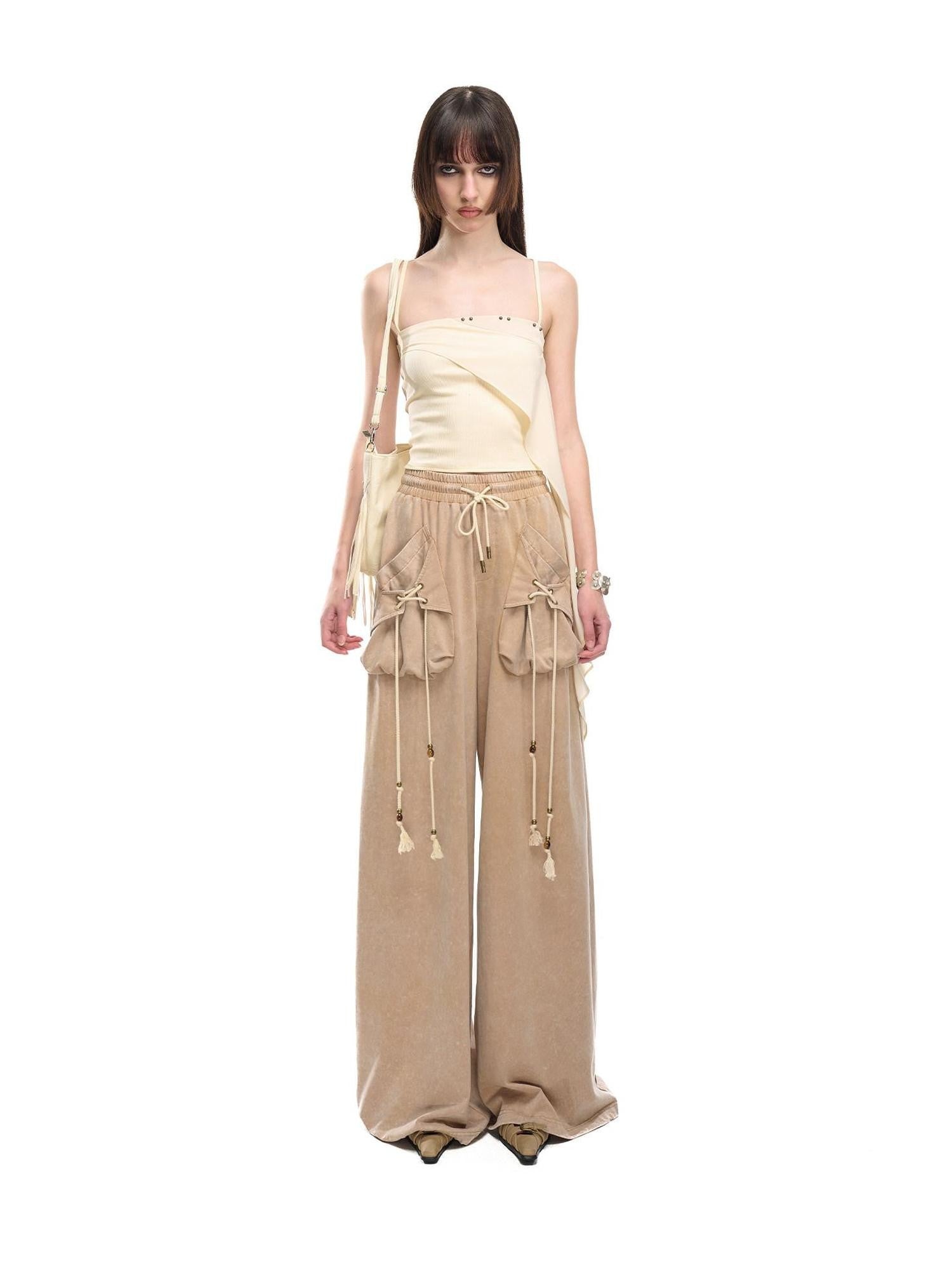 NORTH NODE Washed Faded Drawstring Pleated 3d Pockets Women&