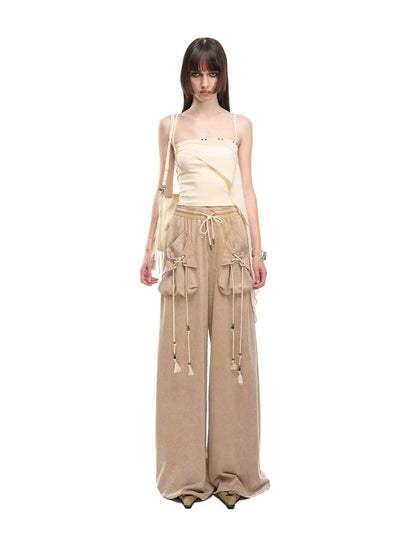 NORTH NODE Washed Faded Drawstring Pleated 3d Pockets Women&