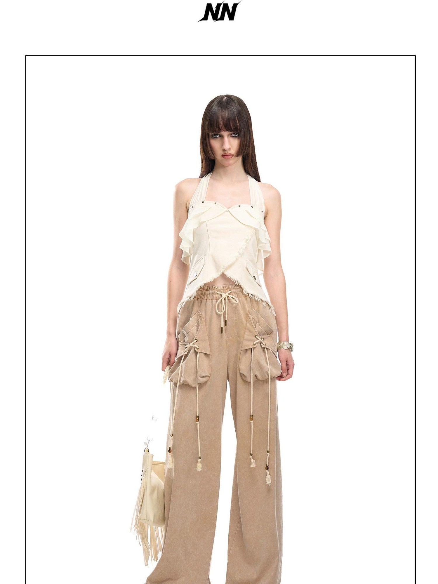 NORTH NODE Washed Faded Drawstring Pleated 3d Pockets Women&