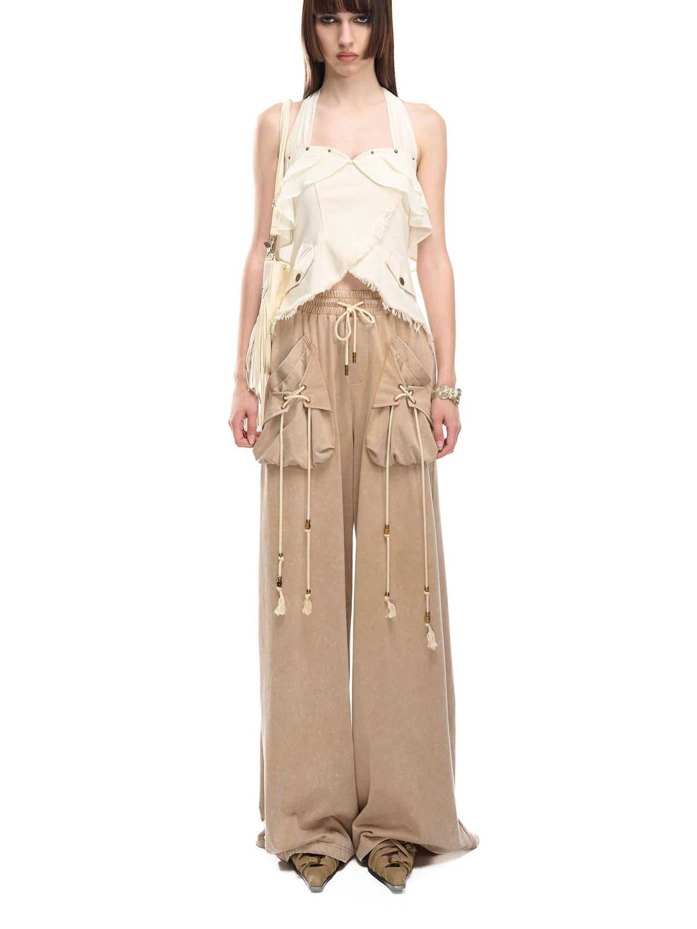 NORTH NODE Washed Faded Drawstring Pleated 3d Pockets Women&