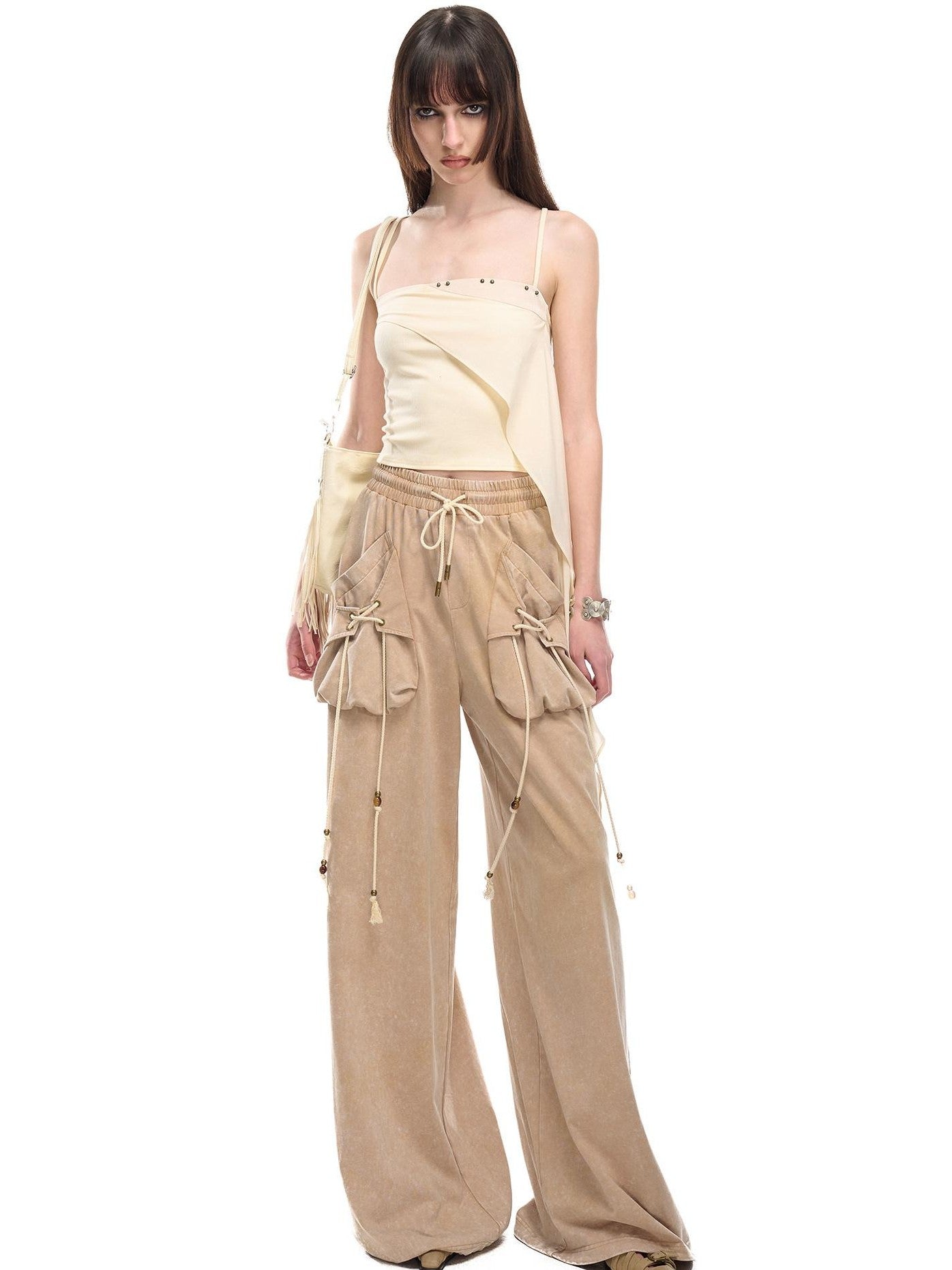 NORTH NODE Washed Faded Drawstring Pleated 3d Pockets Women&