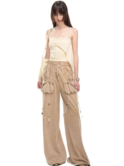 NORTH NODE Washed Faded Drawstring Pleated 3d Pockets Women&